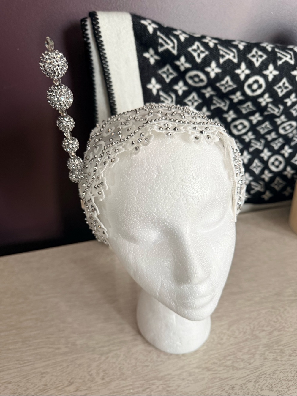 Beaded White Bridal Headband with Crystal Accents
